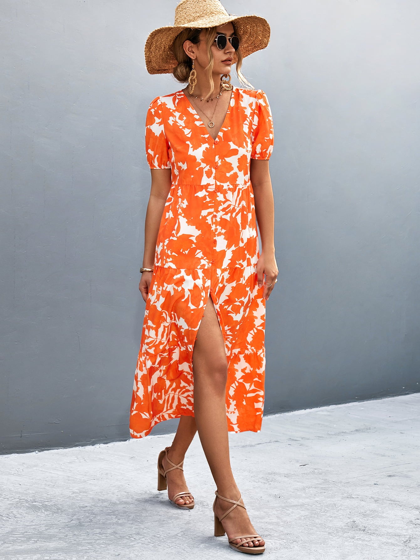 V-Neck Short Sleeve High Slit Midi Dress  Dresses- Doll Fits