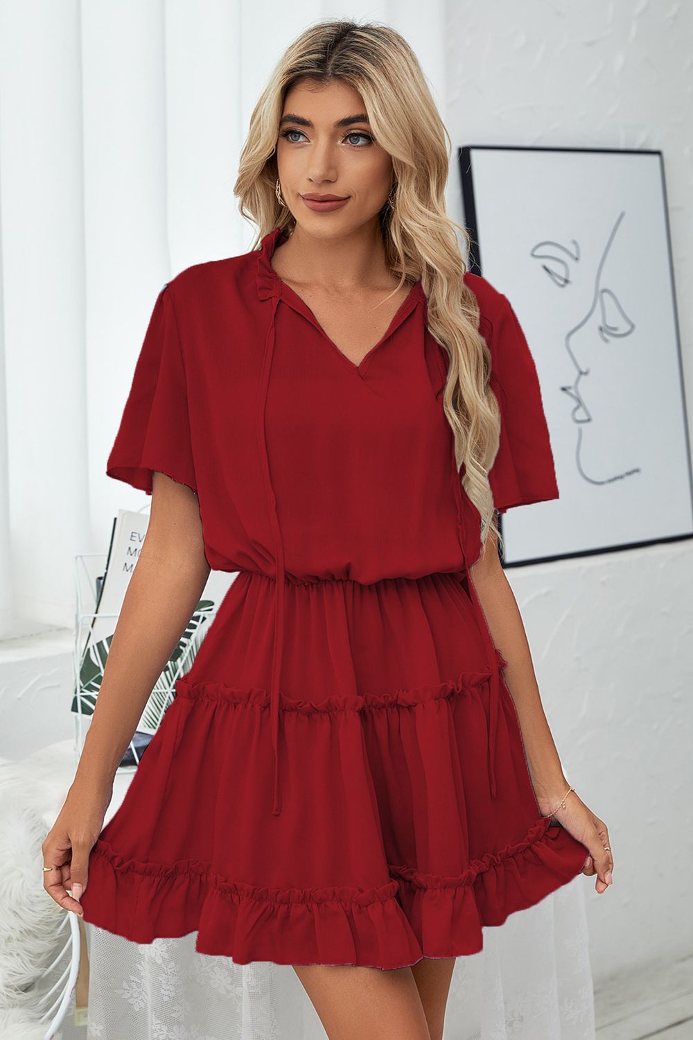 Tie Neck Frill Trim Short Sleeve Mini Dress  Dresses- Doll Fits