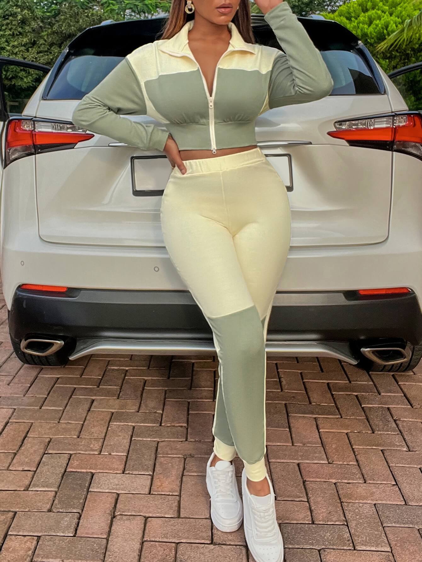 Two-Tone Collared Neck Top and Joggers Set  Outfit Sets- Doll Fits