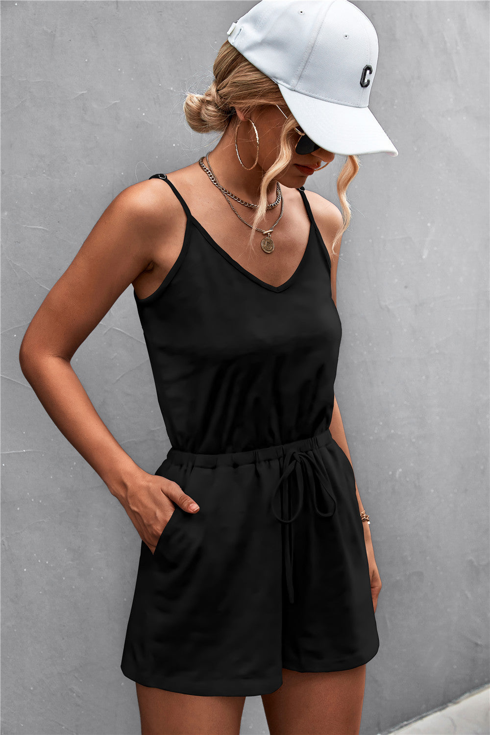 Spaghetti Strap V-Neck Pocket Romper  Jumpsuits & Rompers- Doll Fits