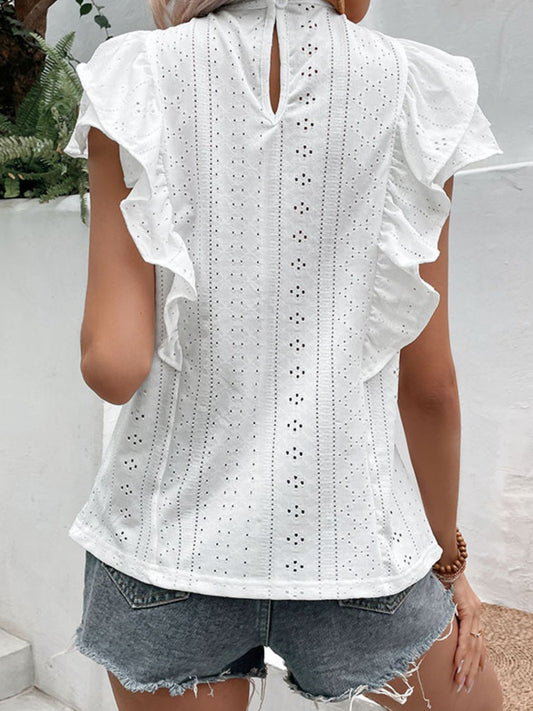 Eyelet Butterfly Sleeve Round Neck Blouse  Shirts & Tops- Doll Fits