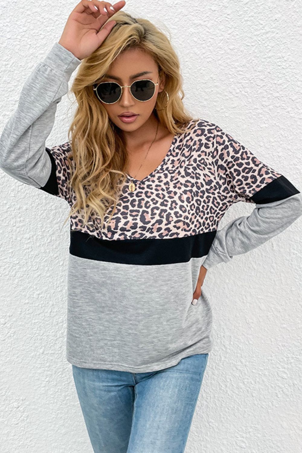 Leopard Color Block V-Neck Long Sleeve Top  Shirts & Tops- Doll Fits