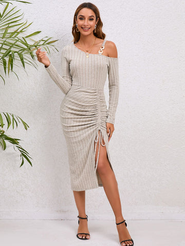 Asymmetrical Neck Drawstring Slit Dress  Dresses- Doll Fits