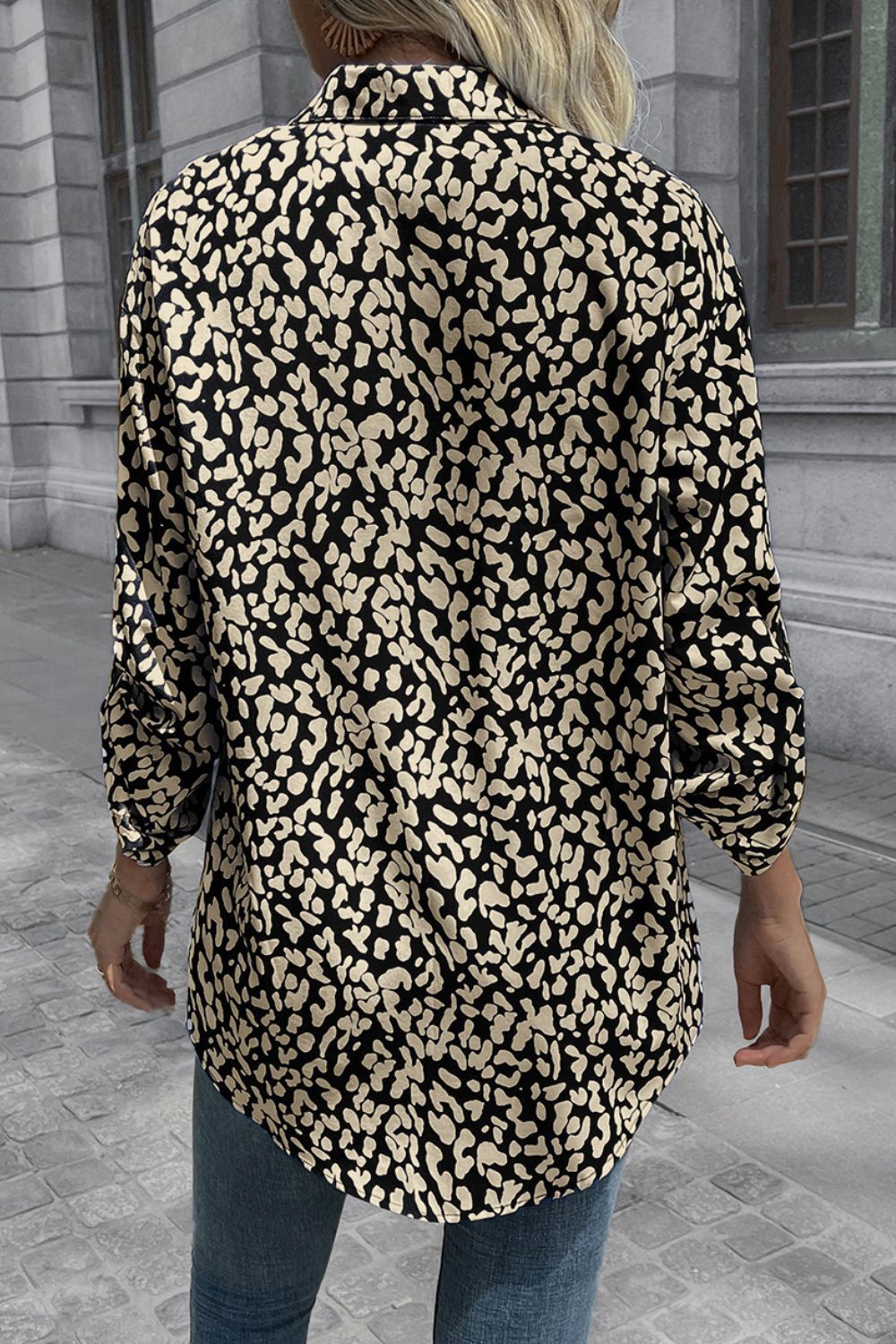 Double Take Leopard Roll-Tap Sleeve Shirt  - Doll Fits