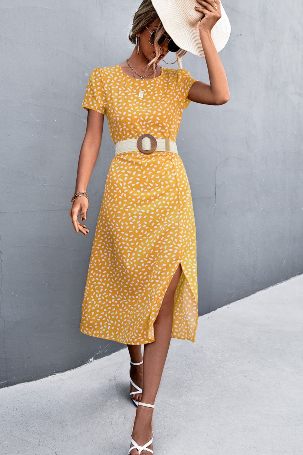 Printed Slit Cutout Midi Dress (Belt Not Included)  Dresses- Doll Fits
