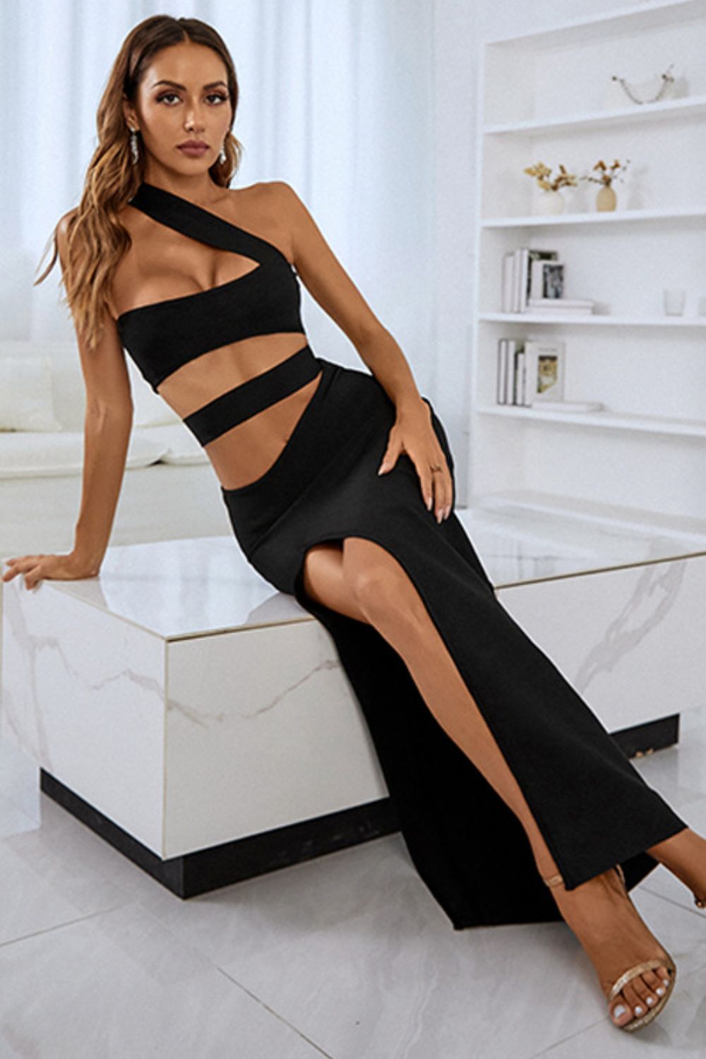 One-Shoulder Cutout Front Split Maxi Dress  Dresses- Doll Fits