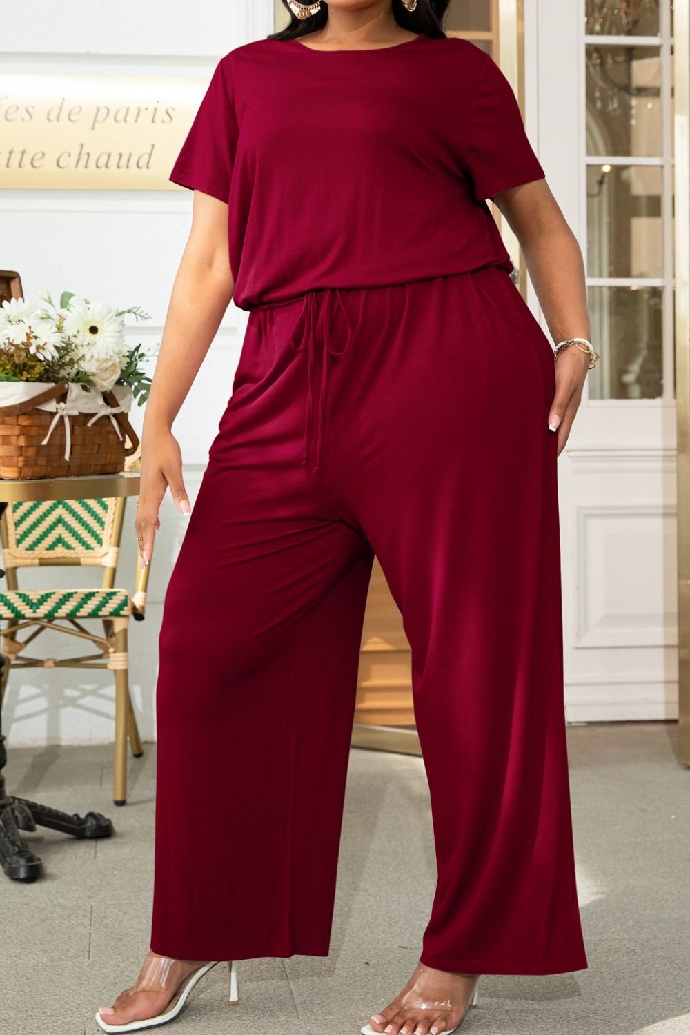 Plus Size Drawstring Waist Short Sleeve Jumpsuit  Jumpsuits & Rompers- Doll Fits