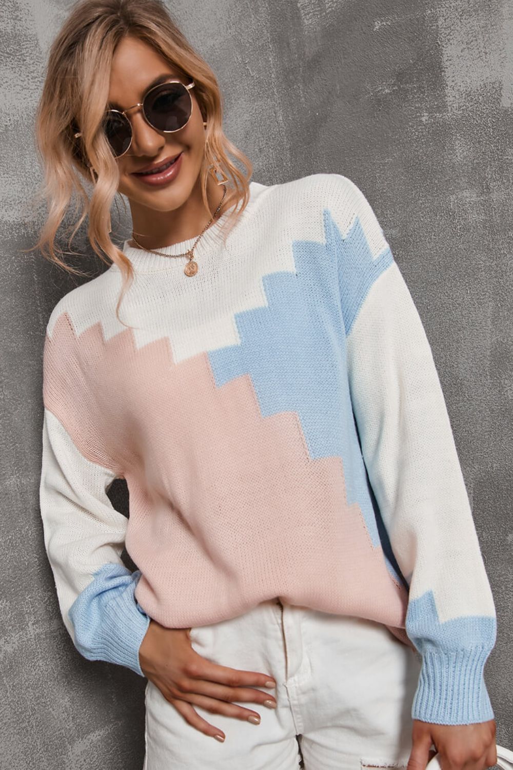 Color Block Dropped Shoulder Knit Pullover  Shirts & Tops- Doll Fits