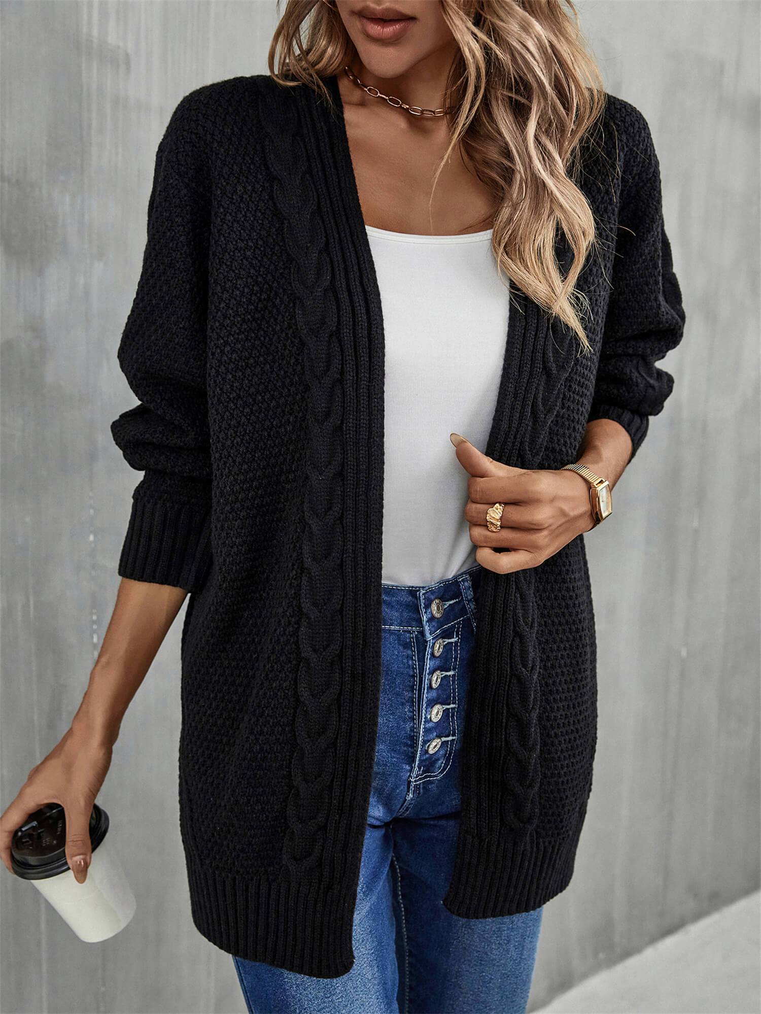 Warm Fall Mixed Knit Open Front Longline Cardigan  Coats & Jackets- Doll Fits