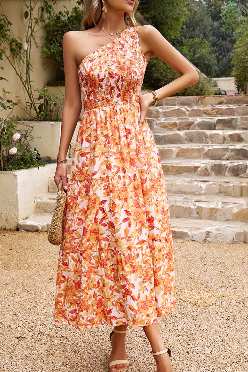 Floral One-Shoulder Sleeveless Dress with Pockets  Dresses- Doll Fits