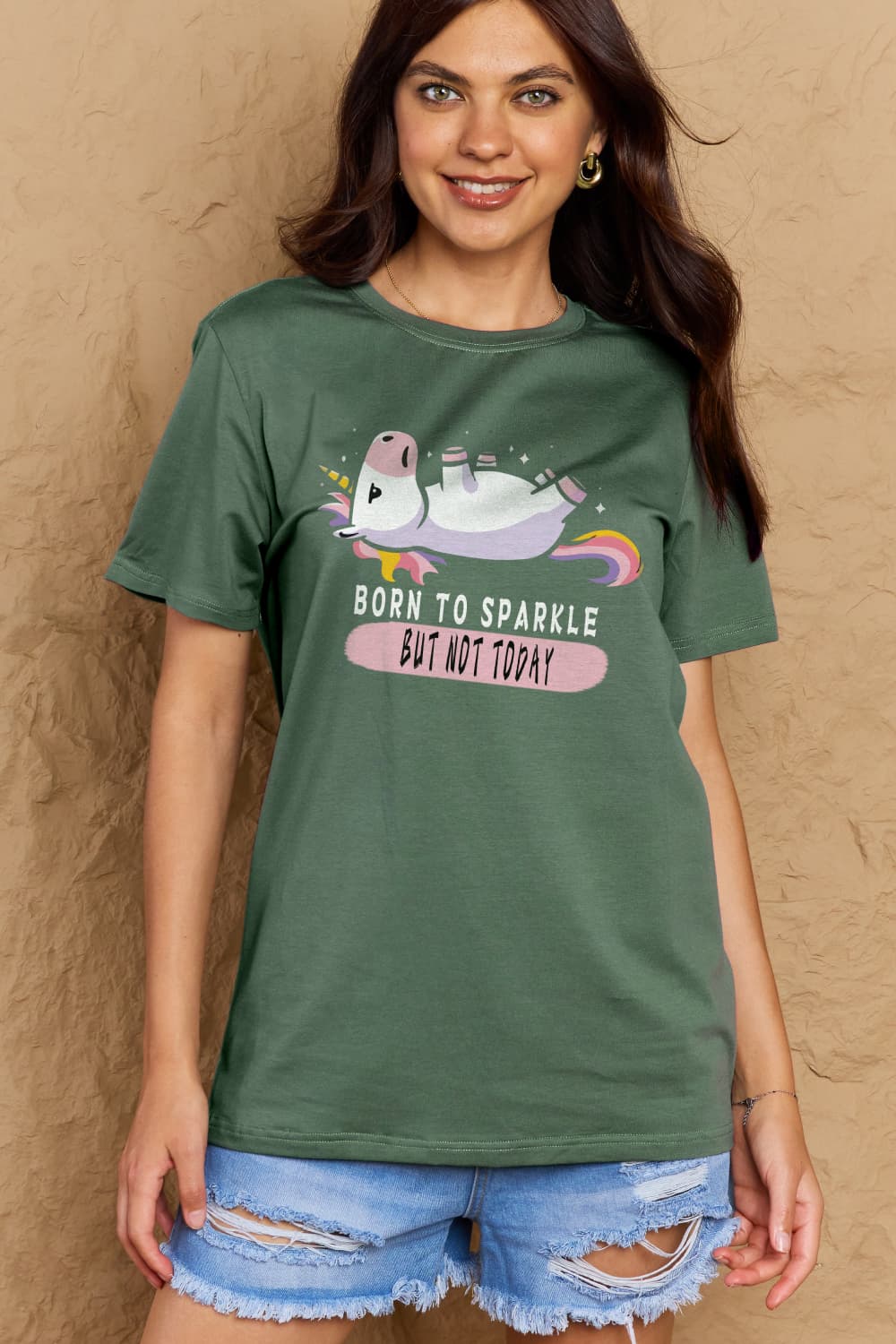 Simply Love Full Size BORN TO SPARKLE BUT NOT TODAY Graphic Cotton Tee  - Doll Fits