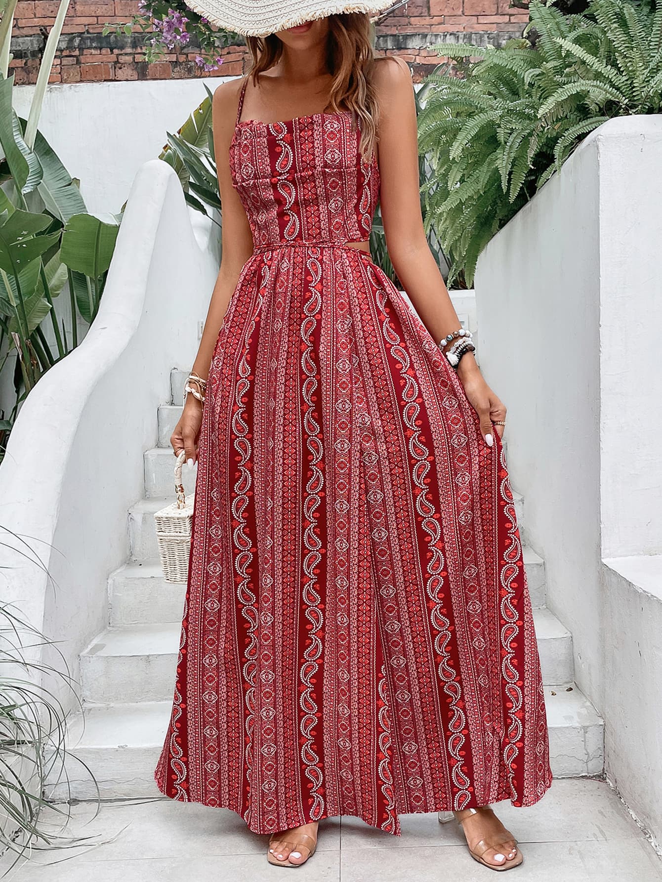 Printed Sweetheart Neck Split Maxi Dress  Dresses- Doll Fits