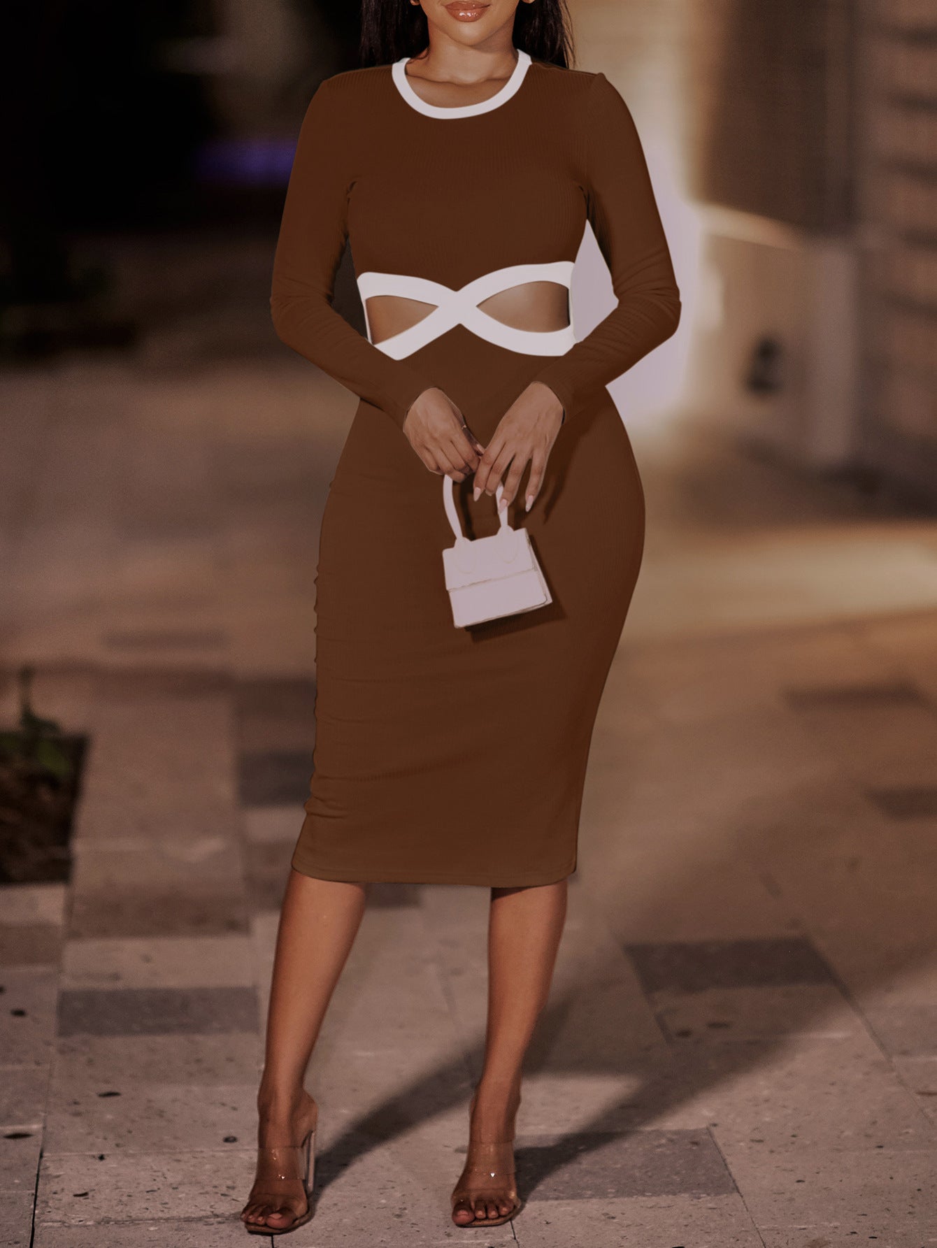 Contrast Cutout Ribbed Bodycon Dress  Dresses- Doll Fits