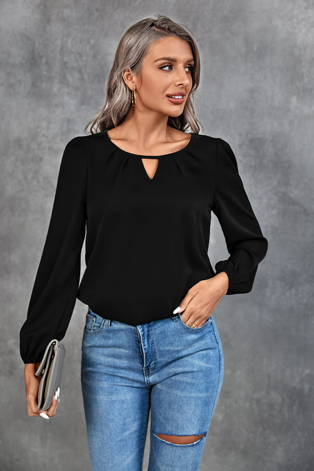 Pleated Detail Cutout Puff Sleeve Blouse  Shirts & Tops- Doll Fits