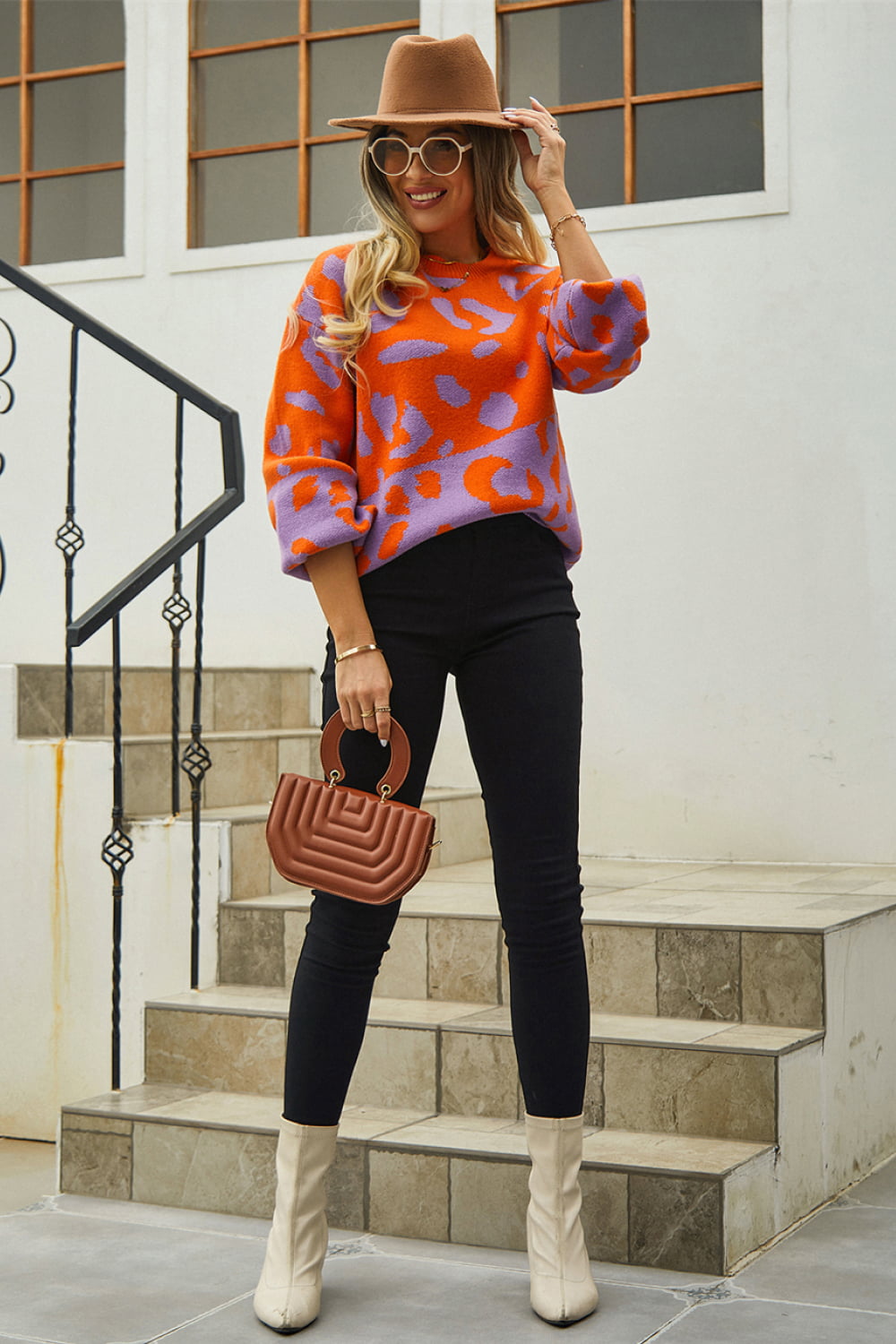 Woven Right Leopard Round Neck Dropped Shoulder Sweater  - Doll Fits