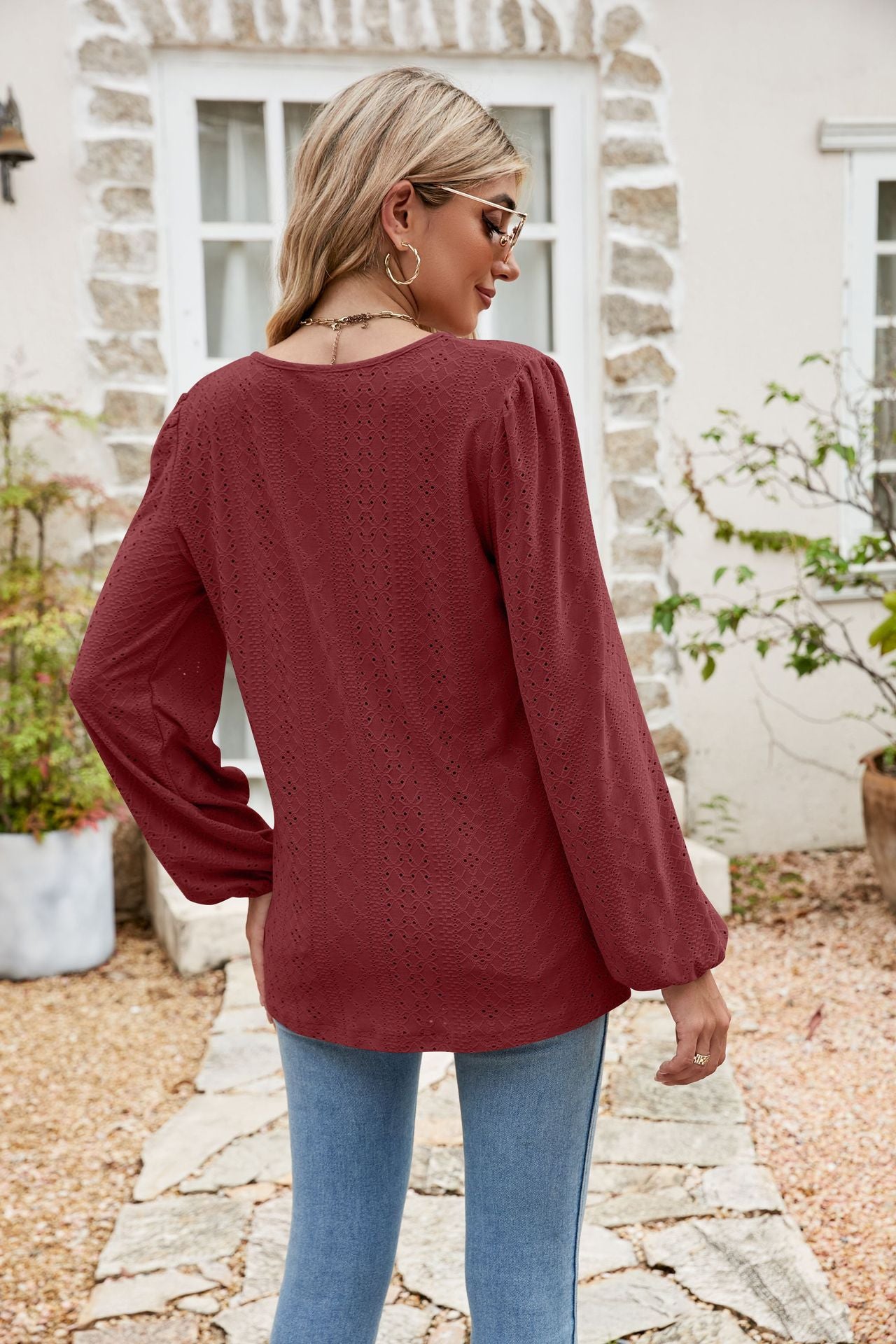 Eyelet Notched Neck Balloon Sleeve Blouse  Shirts & Tops- Doll Fits