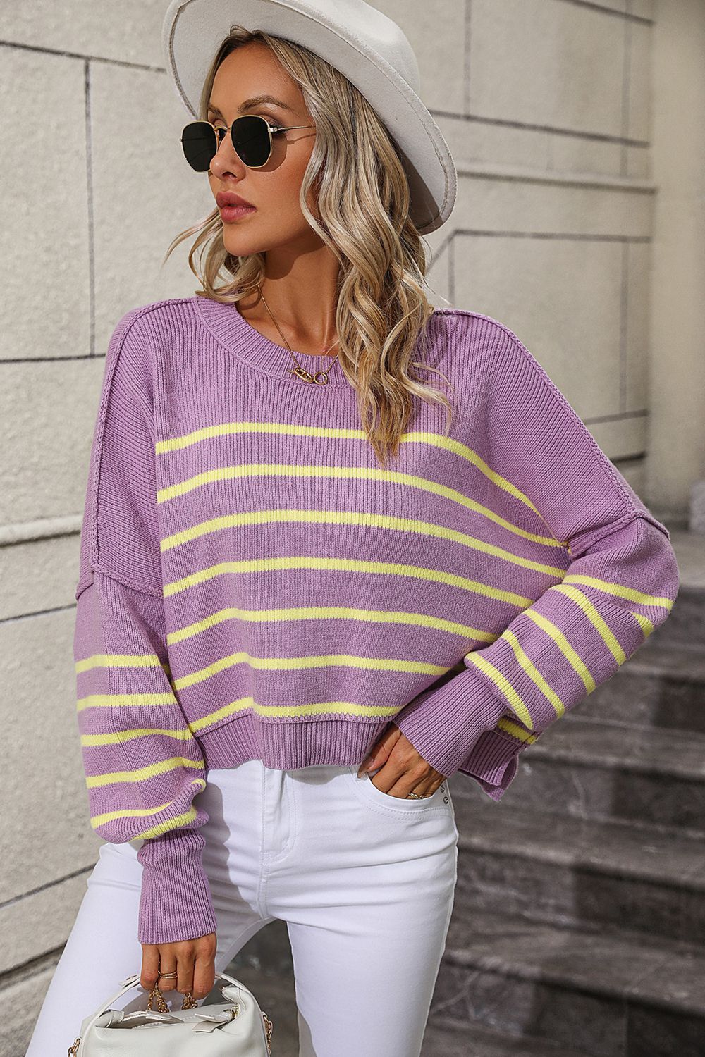 Striped Dropped Shoulder Round Neck Pullover Sweater  - Doll Fits