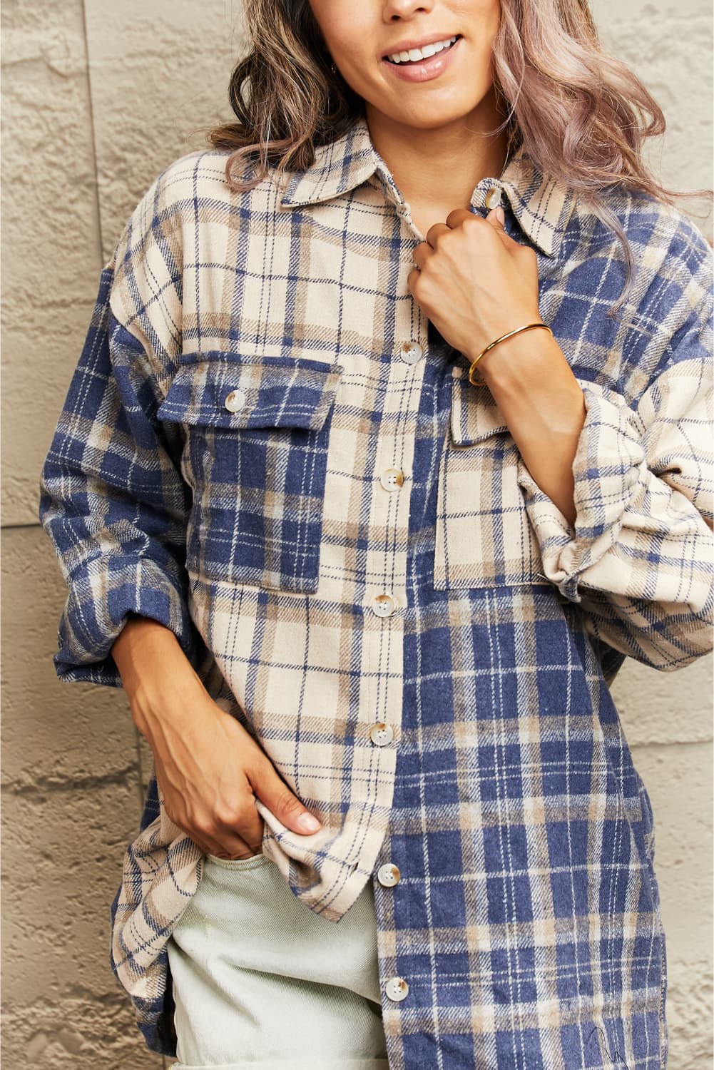 Plaid Dropped Shoulder Shirt Jacket  - Doll Fits