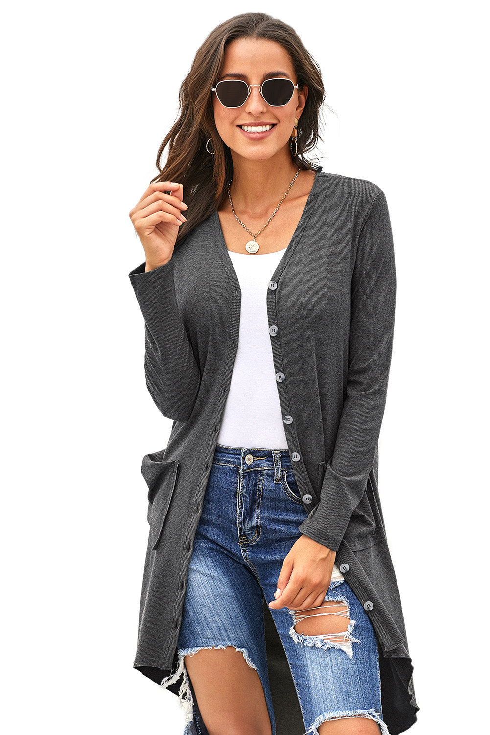 V-Neck Long Sleeve Cardigan with Pocket  - Doll Fits