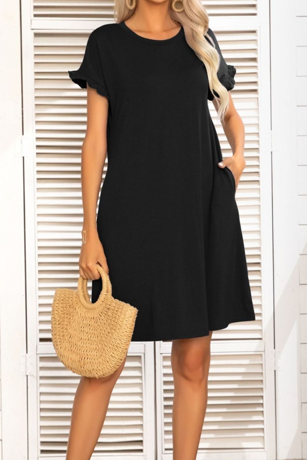Flounce Sleeve Round Neck Dress with Pockets  Dresses- Doll Fits