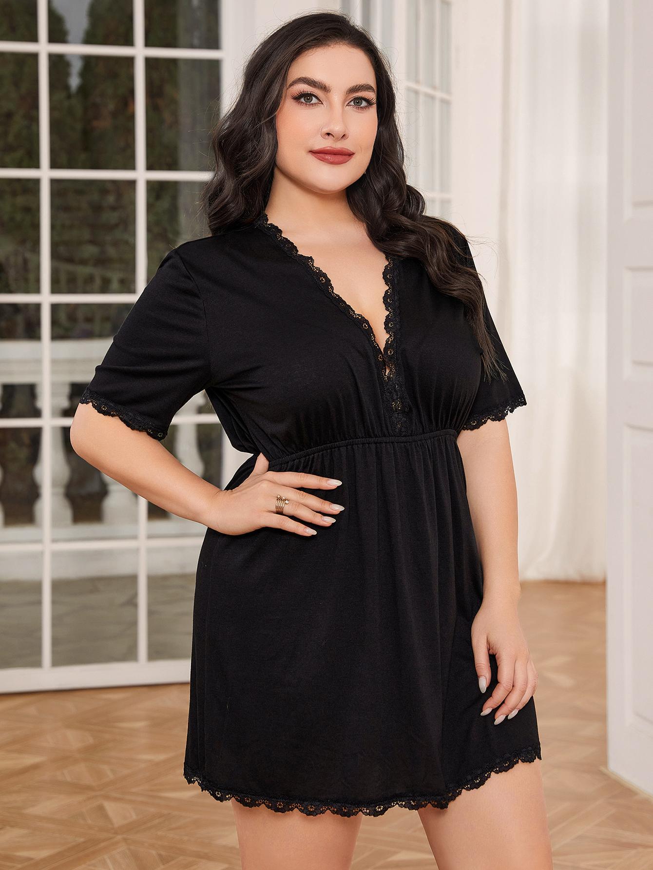 Plus Size Lace Trim Deep V Night Dress  Dresses- Doll Fits