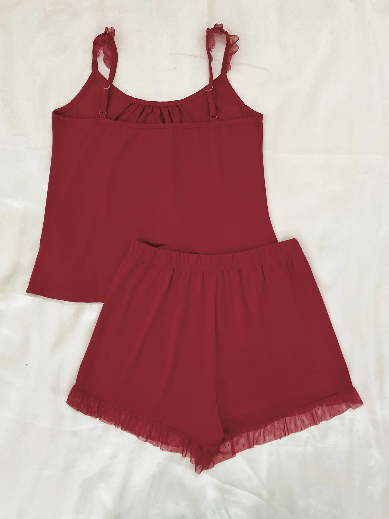 Gathered Detail Spliced Mesh Sleeveless Top and Shorts Lounge Set  Sleepwear & Loungewear- Doll Fits