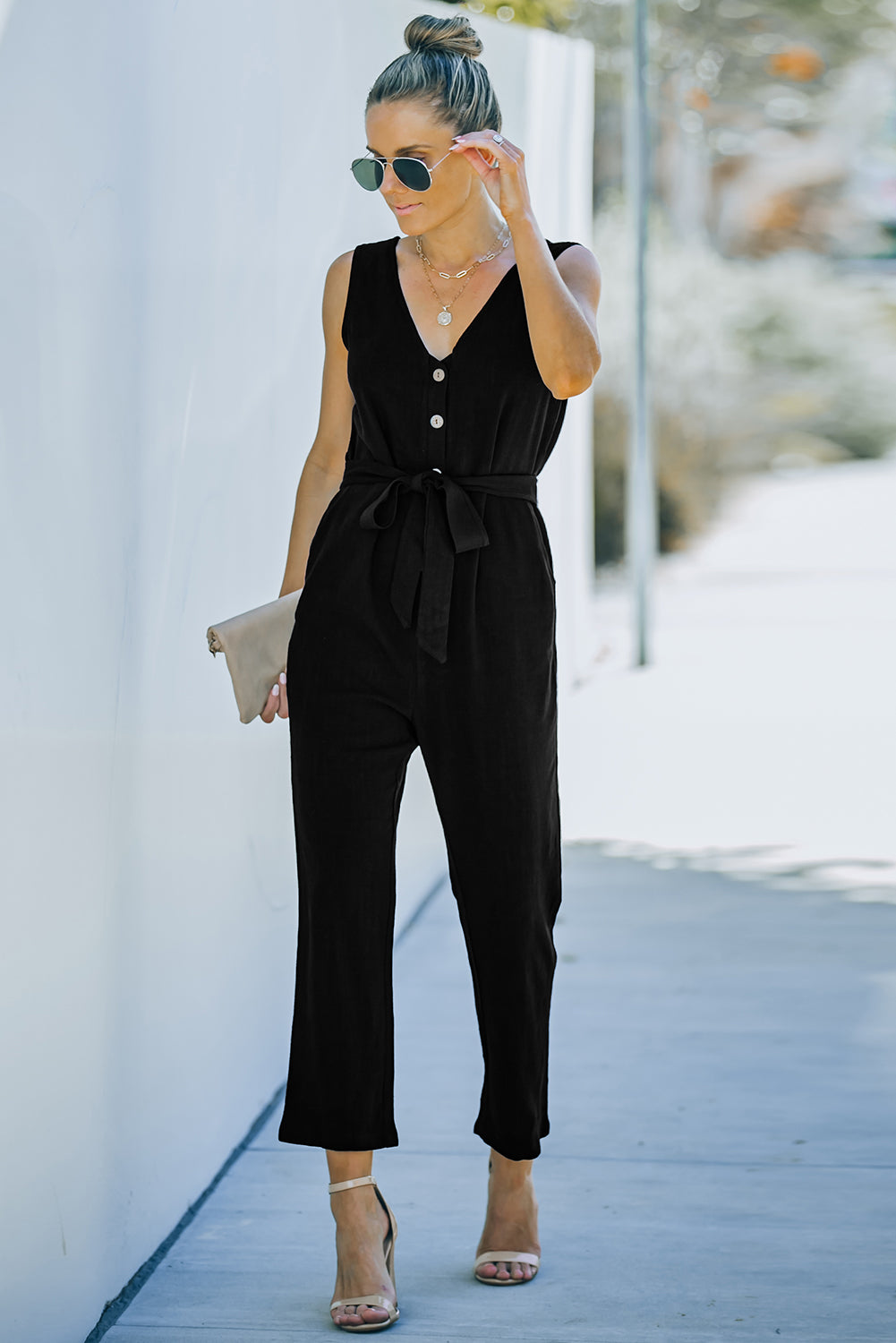 V-Neck Tie Waist Sleeveless Jumpsuit  Jumpsuits & Rompers- Doll Fits