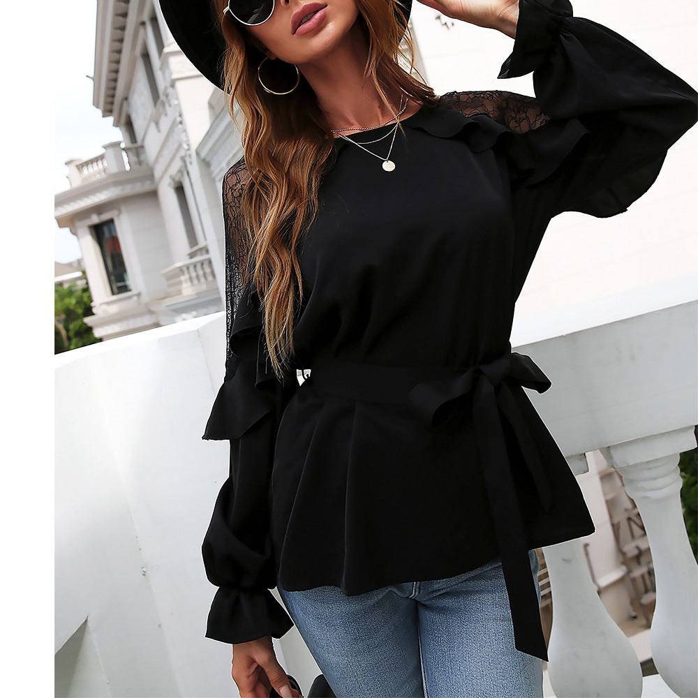Round Neck Front Tie Flounce Sleeve Lace Cap Blouse  Shirts & Tops- Doll Fits