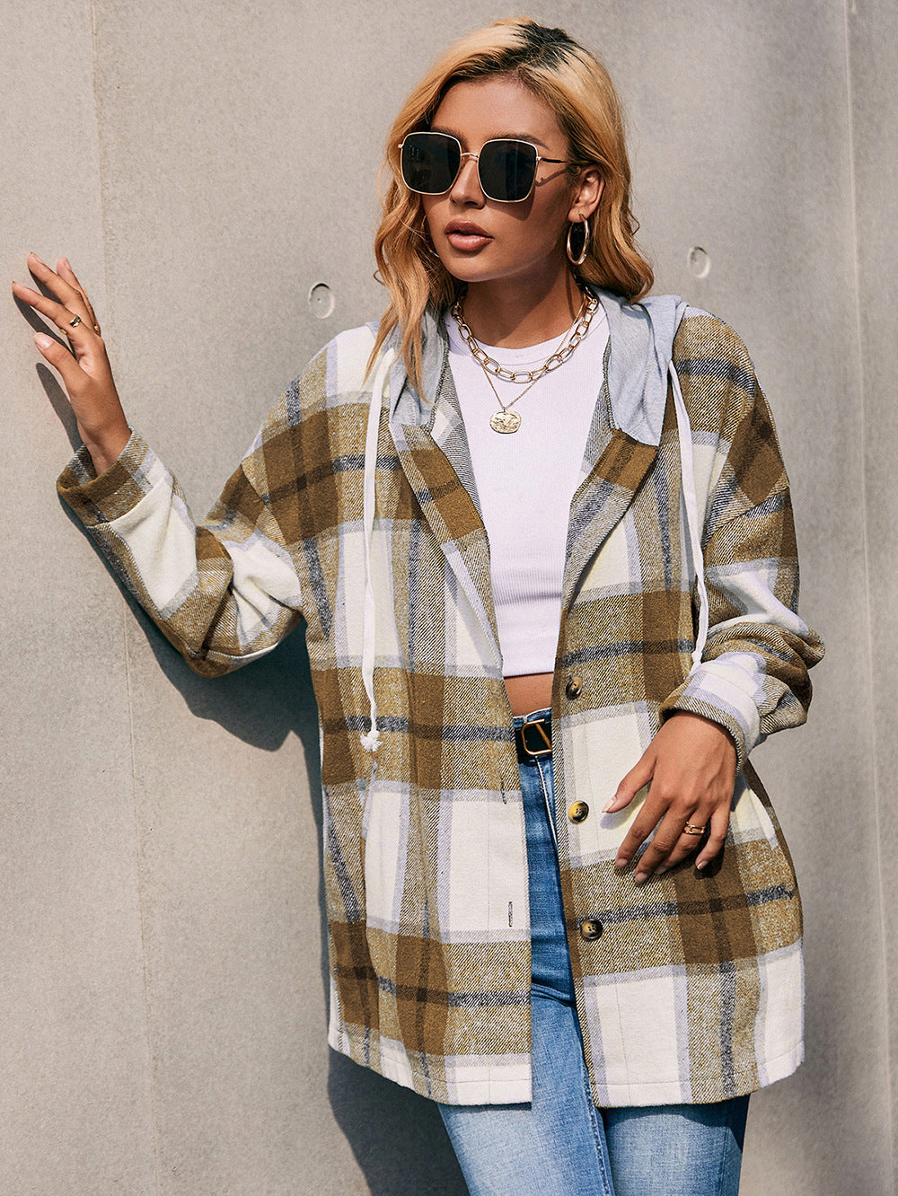 Plaid Dropped Shoulder Hooded Jacket  - Doll Fits