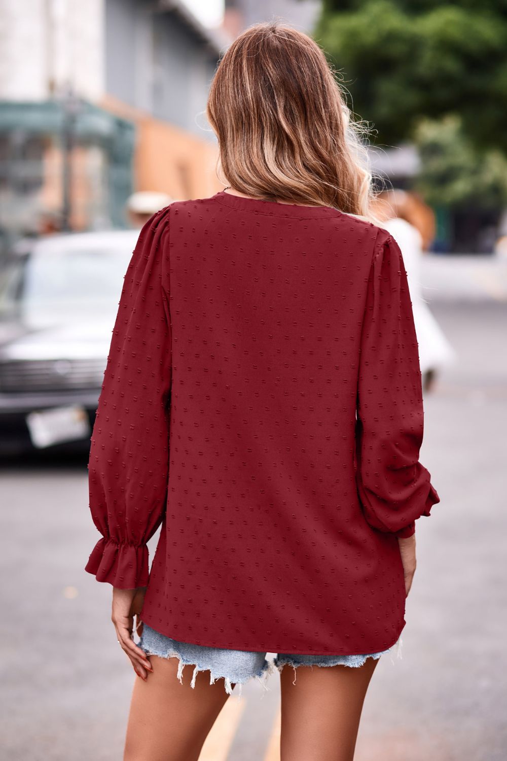Swiss Dot Notched Neck Flounce Sleeve Blouse  - Doll Fits