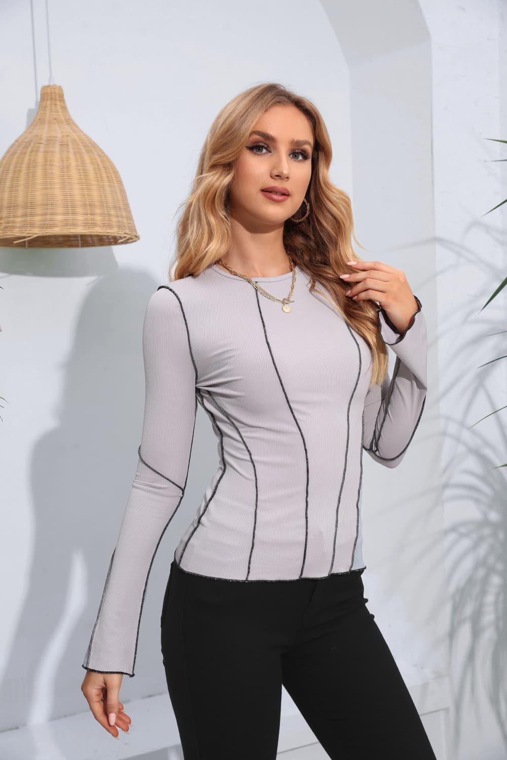 Ribbed Round Neck Long Sleeve Blouse  Shirts & Tops- Doll Fits