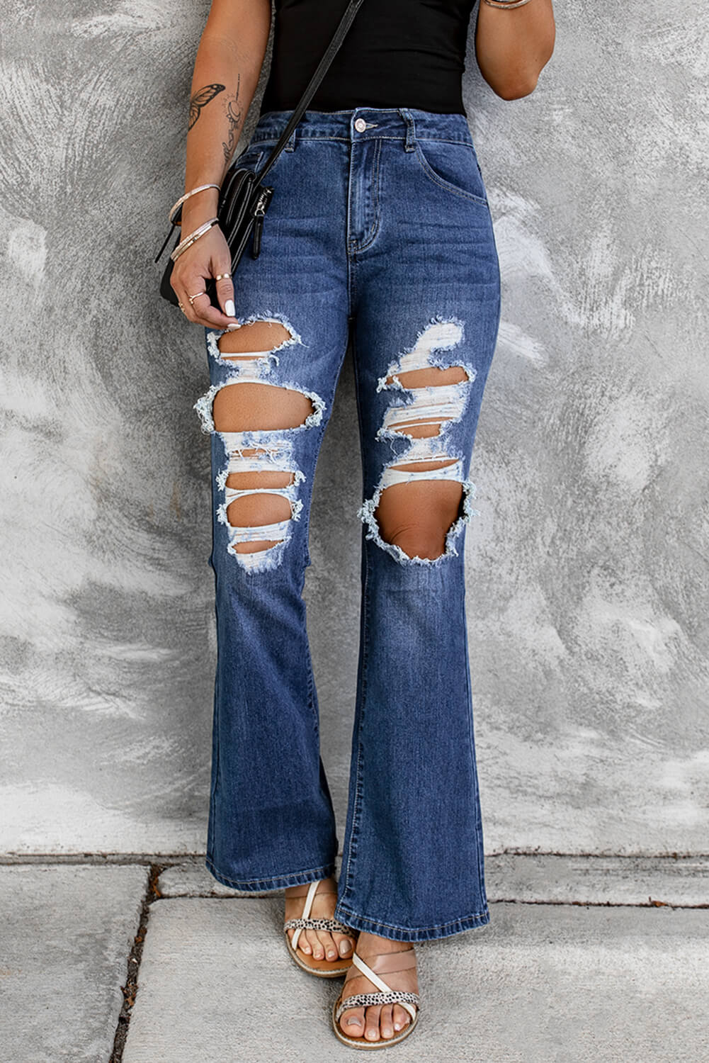 Distressed High Waist Flare Jeans  Pants- Doll Fits
