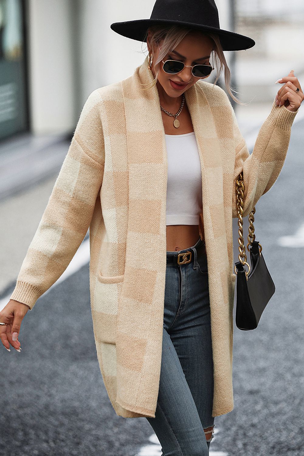 Plaid Dropped Shoulder Cardigan with Pocket  - Doll Fits