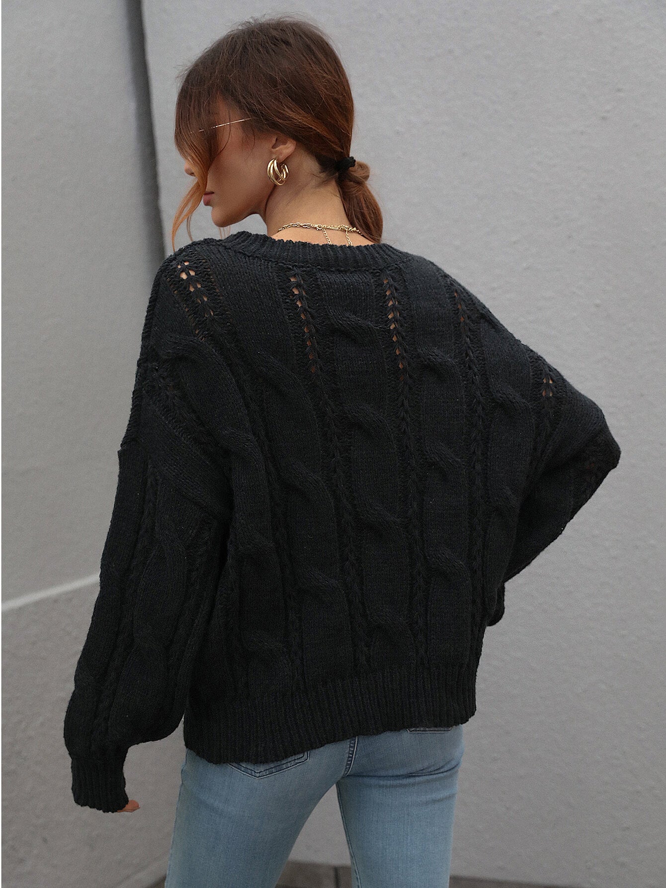 Cable-Knit Openwork Round Neck Sweater  Shirts & Tops- Doll Fits