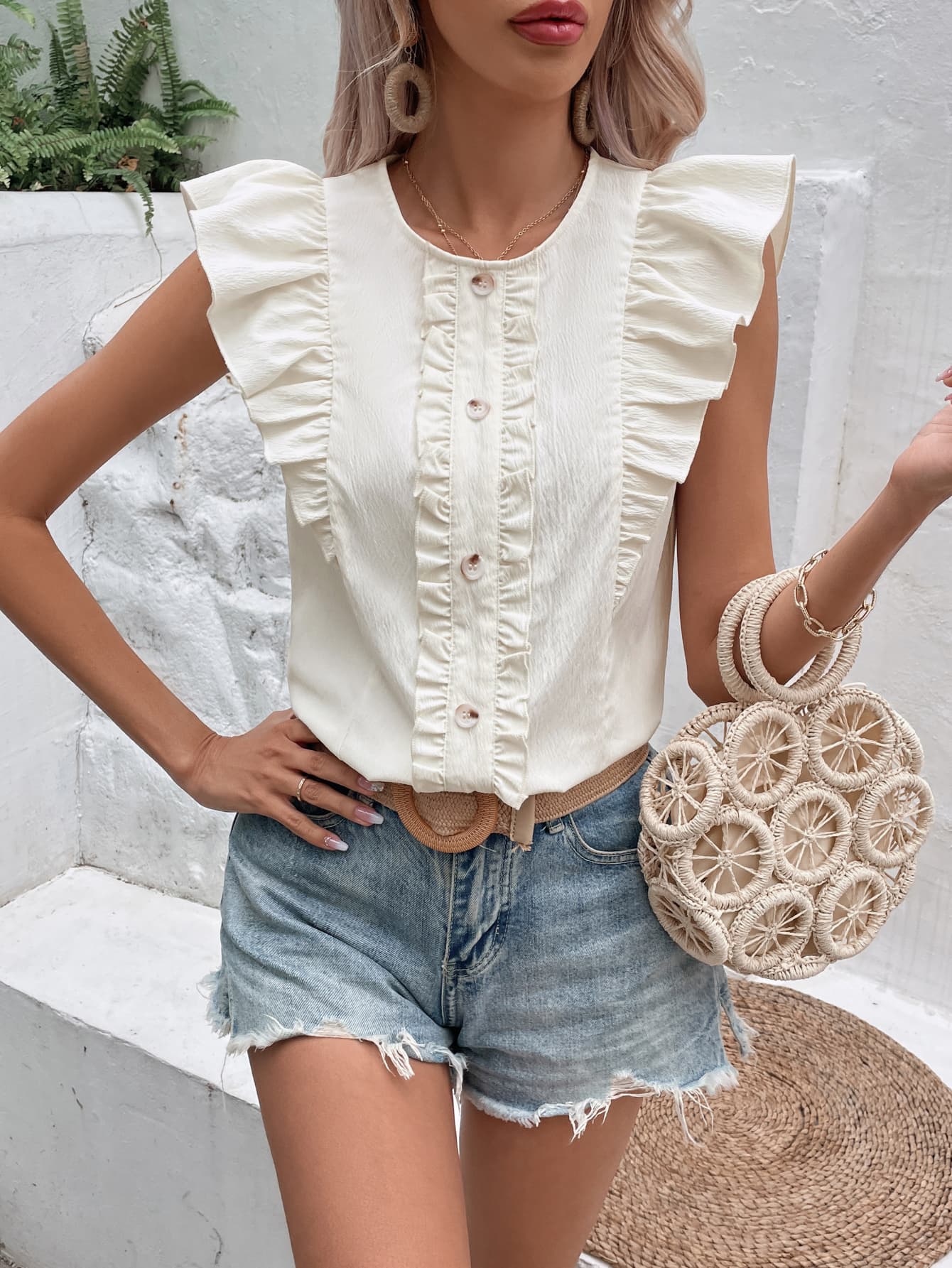 Decorative Button Frill Trim Round Neck Top  Shirts & Tops- Doll Fits