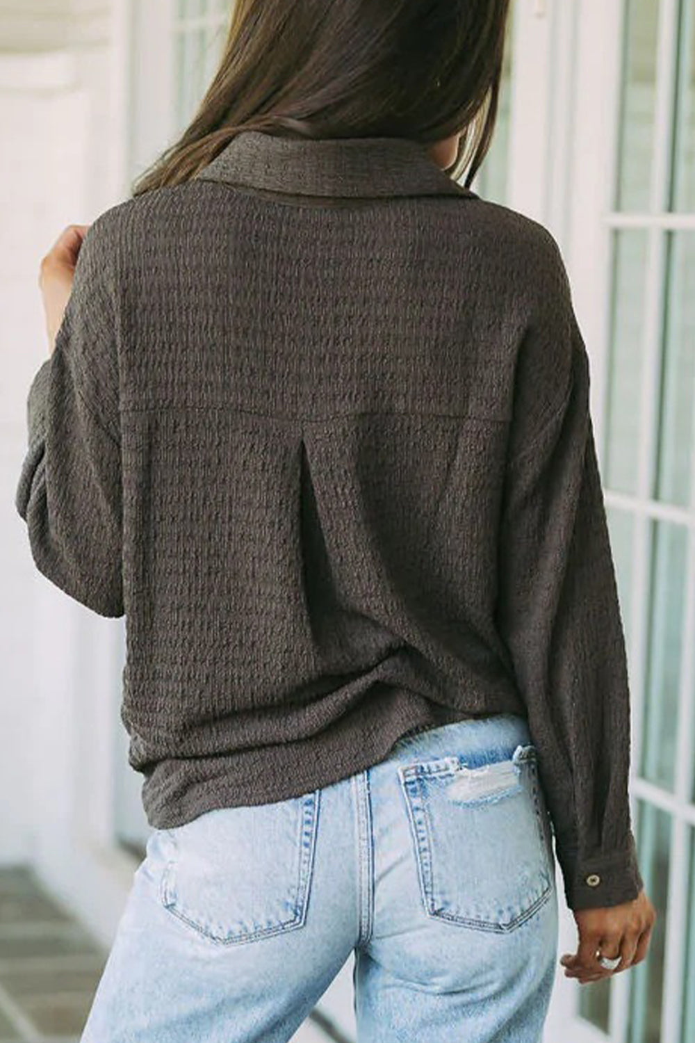 Twisted Collared Neck Long Sleeve Shirt  - Doll Fits