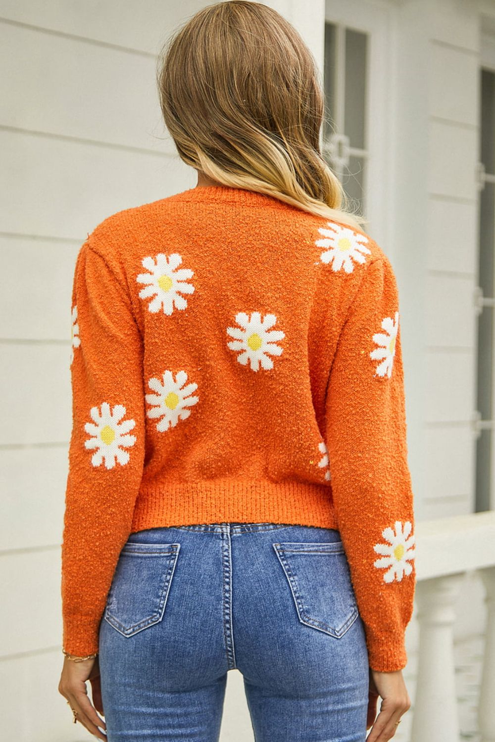 Flower Pattern Round Neck Short Sleeve Pullover Sweater  - Doll Fits