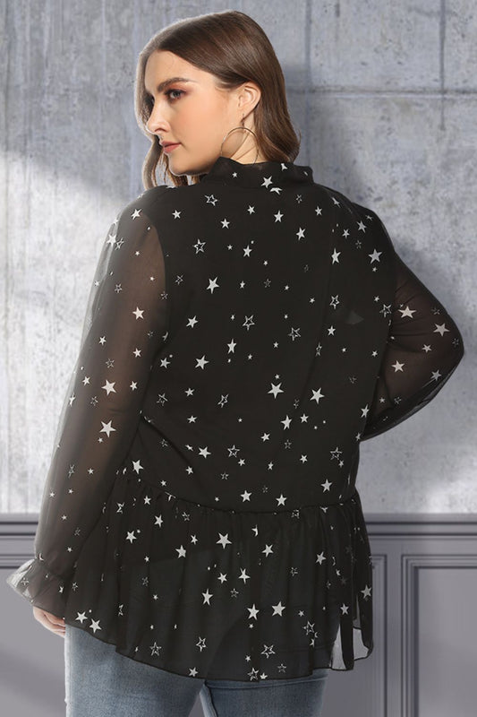 Plus Size Star Print Tie-Neck Peplum Blouse  Shirts & Tops- Doll Fits