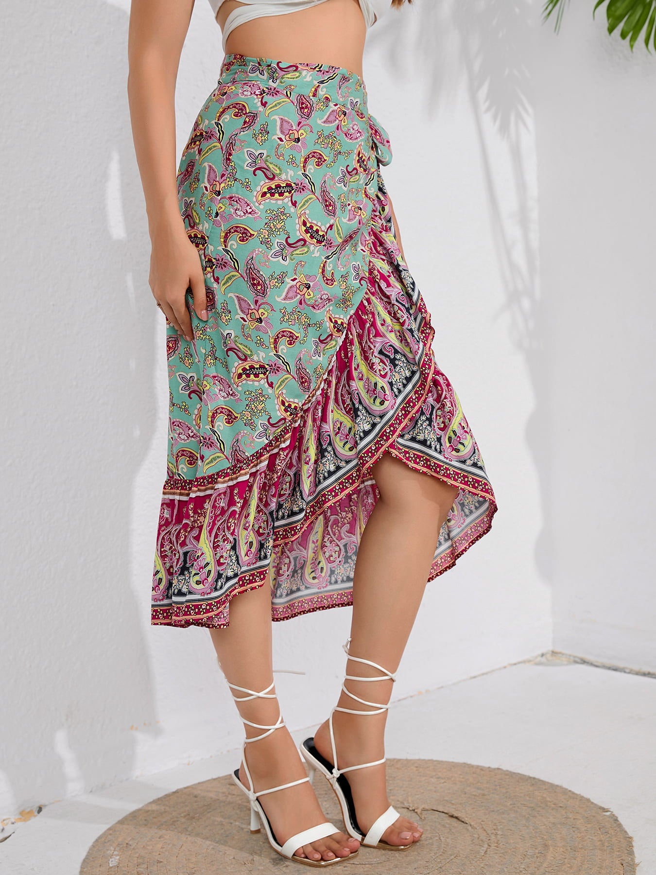 Tie Waistband Flounce Hem Midi Skirt  Skirts- Doll Fits