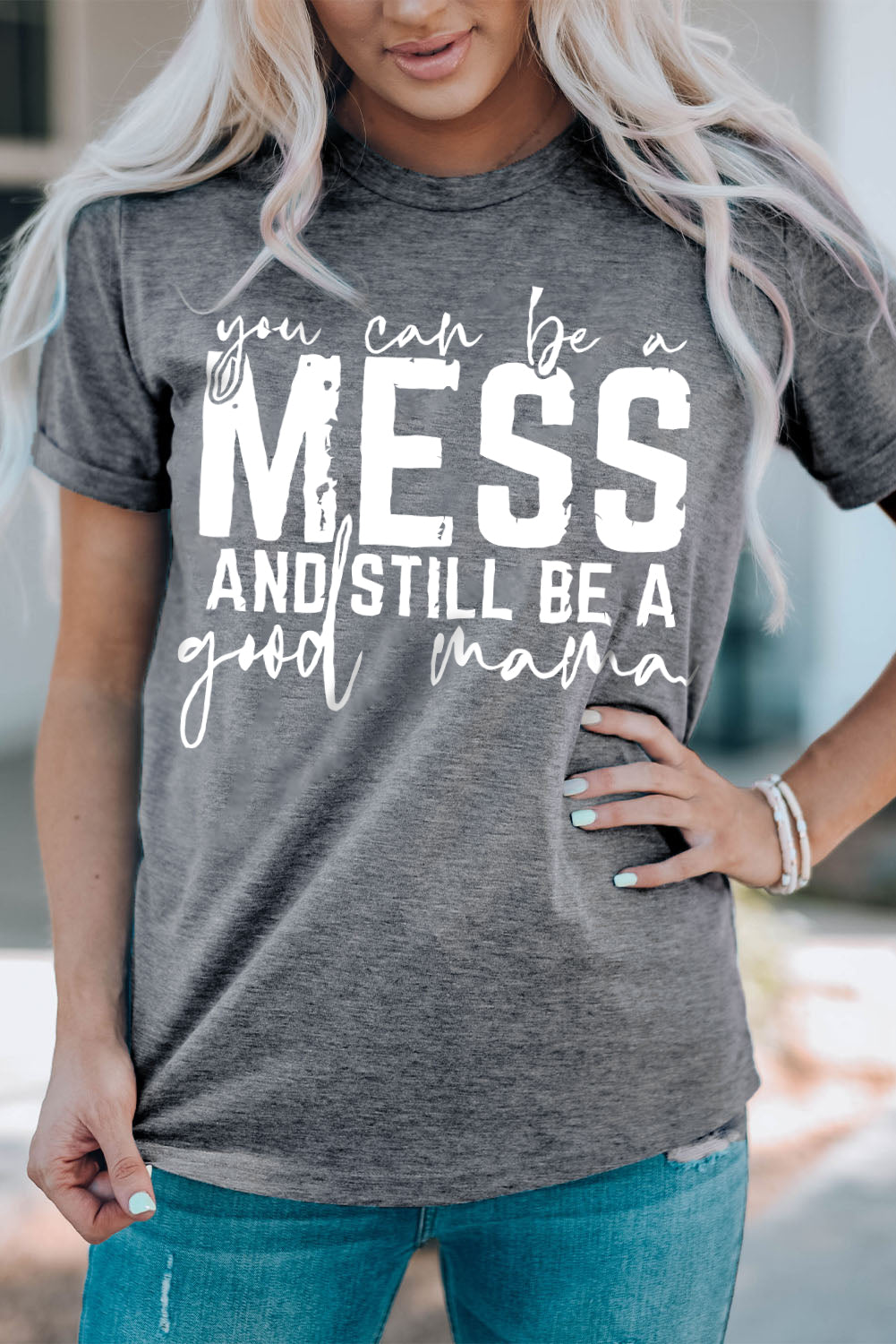 Letter Graphic Round Neck Cuffed T-Shirt  Shirts & Tops- Doll Fits