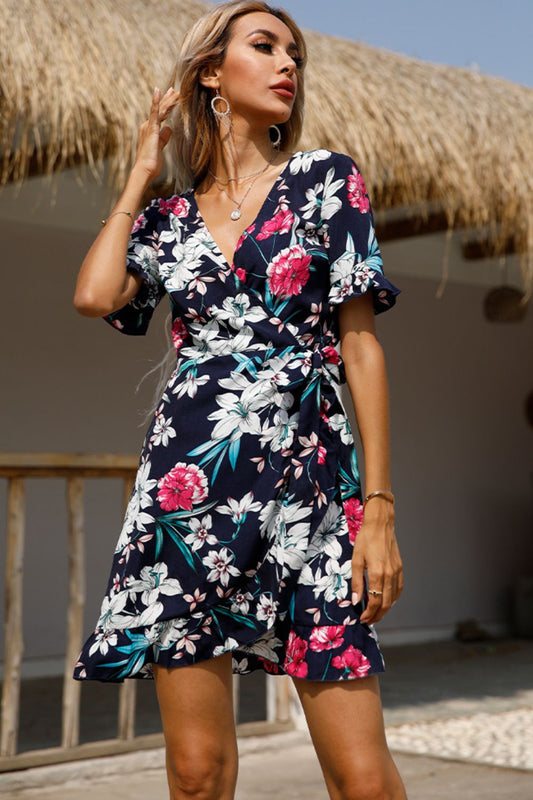 Floral Tied Flounce Sleeve Surplice Dress  Dresses- Doll Fits