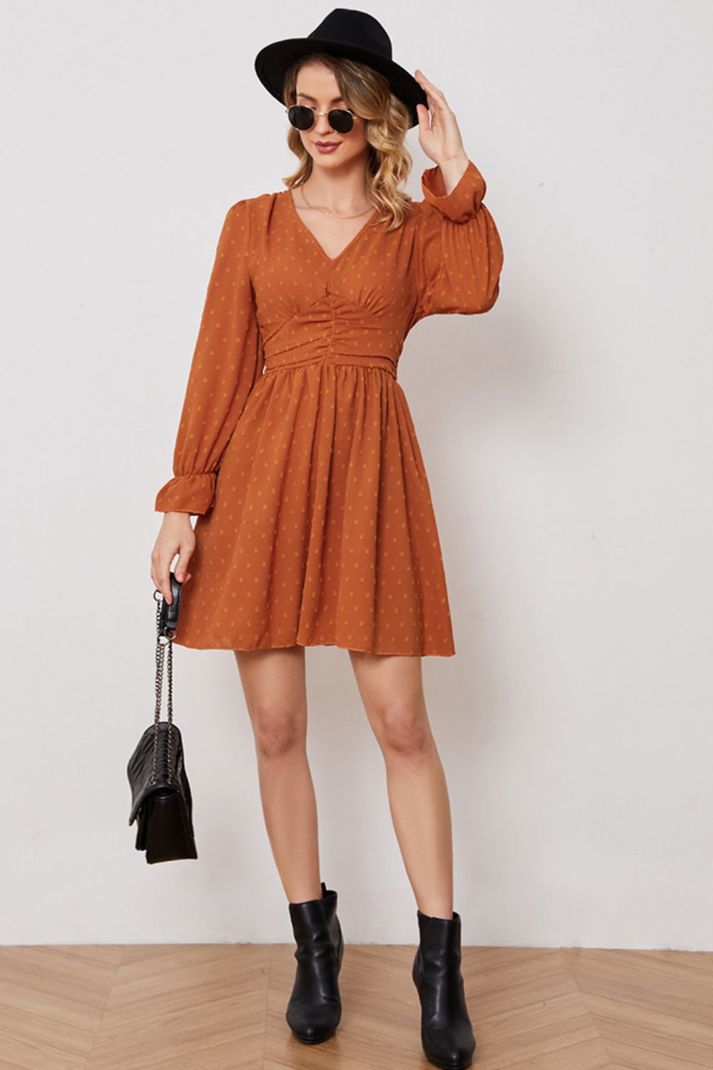 Swiss Dot Ruched V-Neck Flounce Sleeve Dress  Dresses- Doll Fits