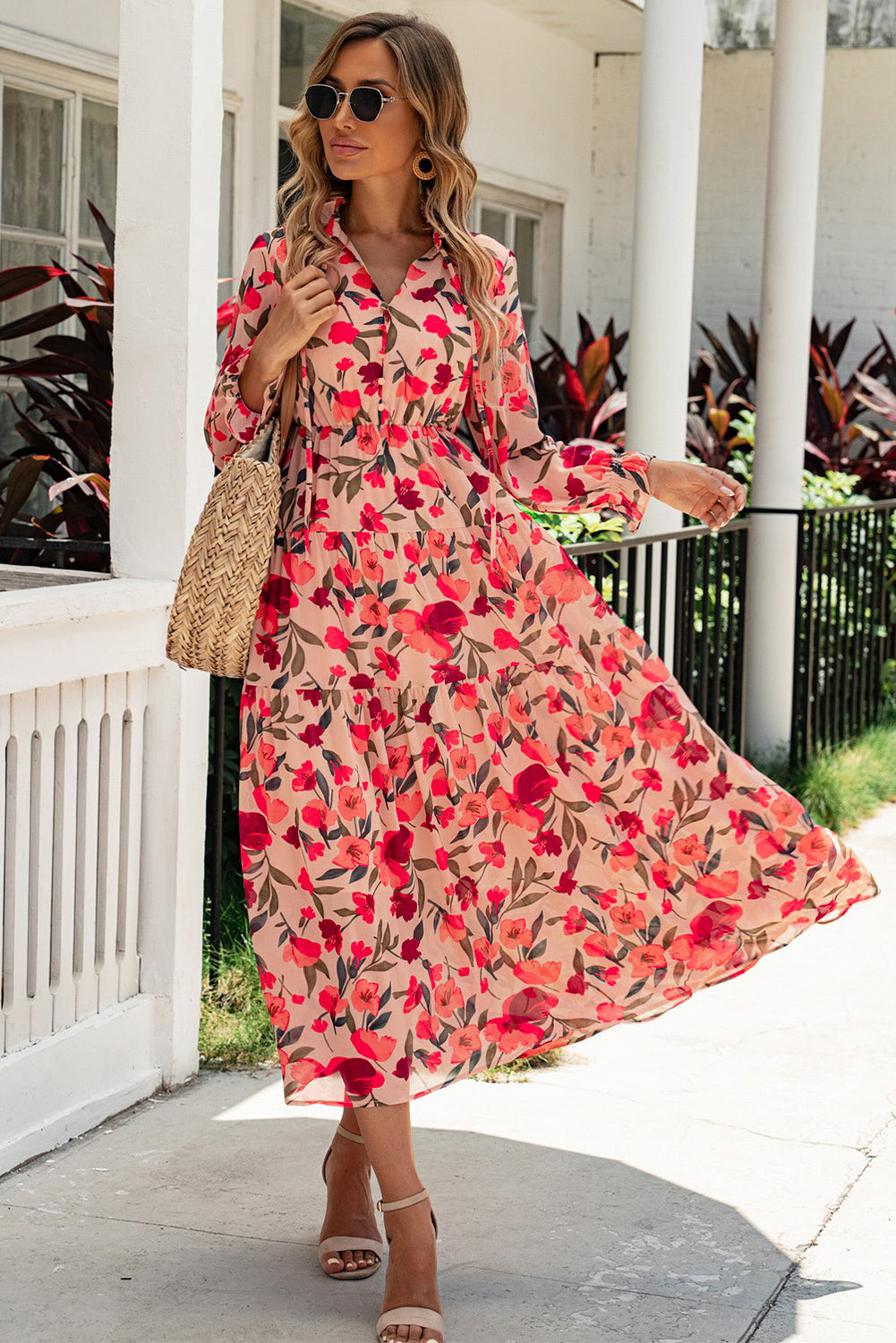 Floral Tie Neck Flounce Sleeve Tiered Dress  Dresses- Doll Fits