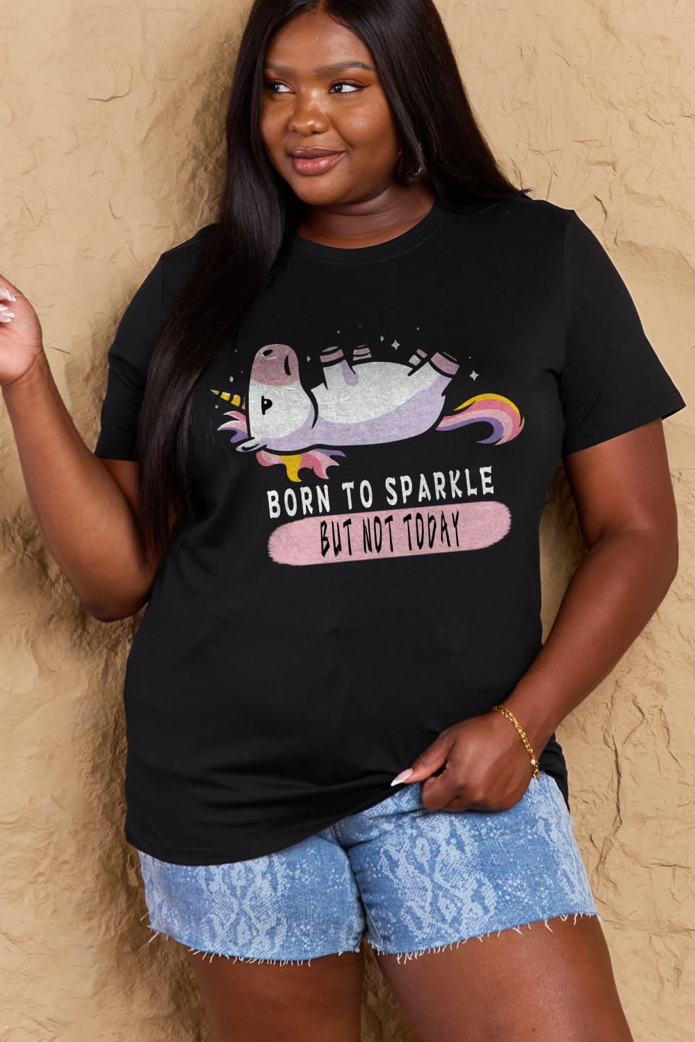 Simply Love Full Size BORN TO SPARKLE BUT NOT TODAY Graphic Cotton Tee  - Doll Fits