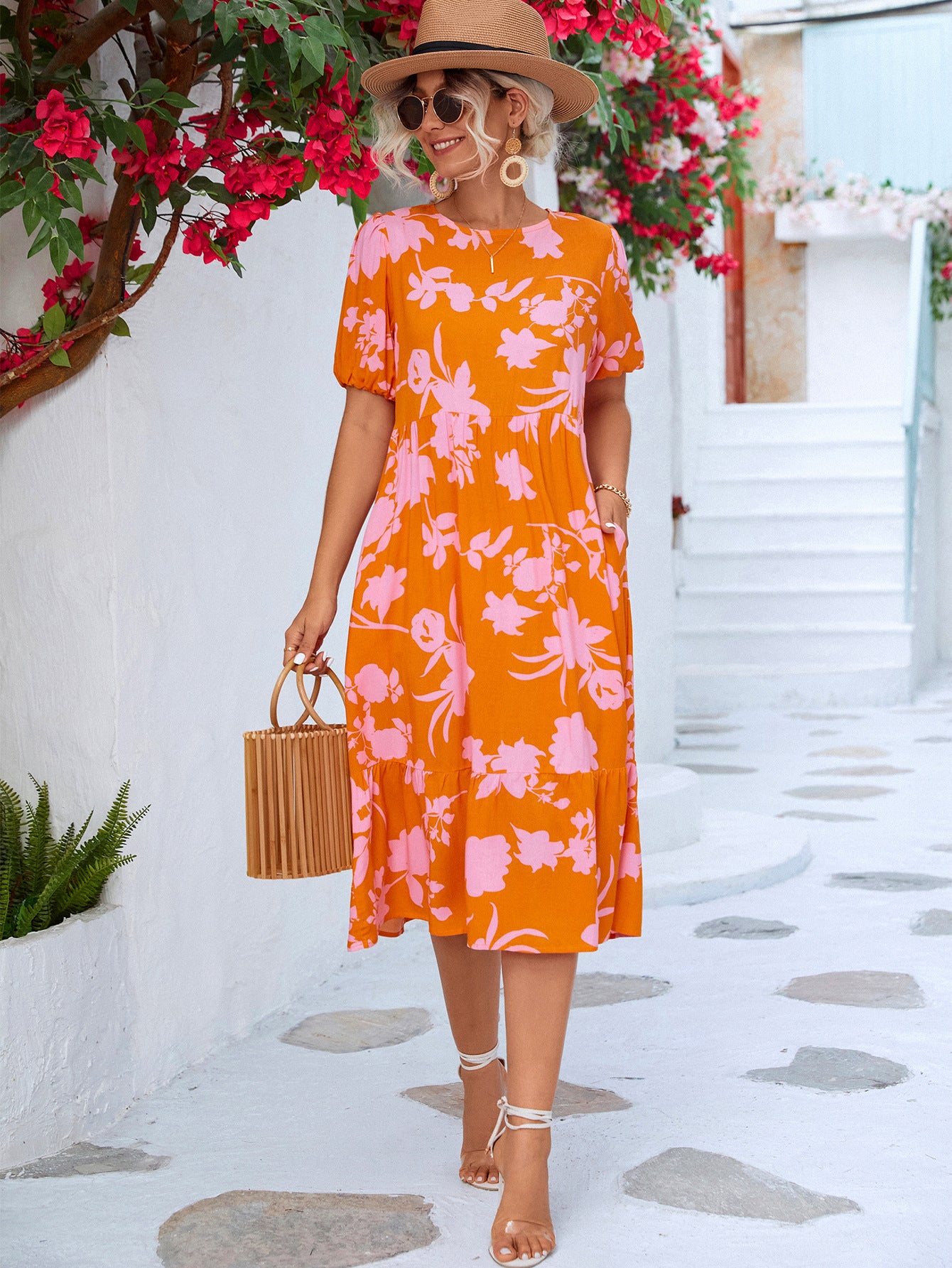 Floral Puff Sleeve Ruffle Hem Midi Dress  Dresses- Doll Fits