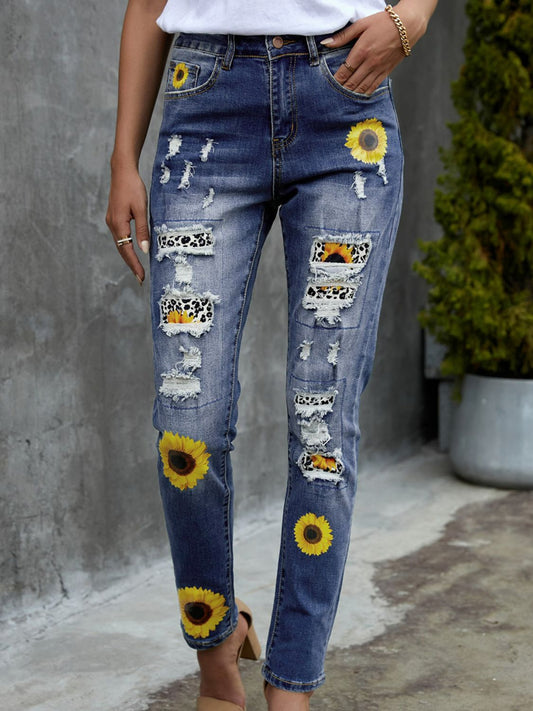 Leopard Patchwork Sunflower Print Distressed High Waist Jeans  Pants- Doll Fits