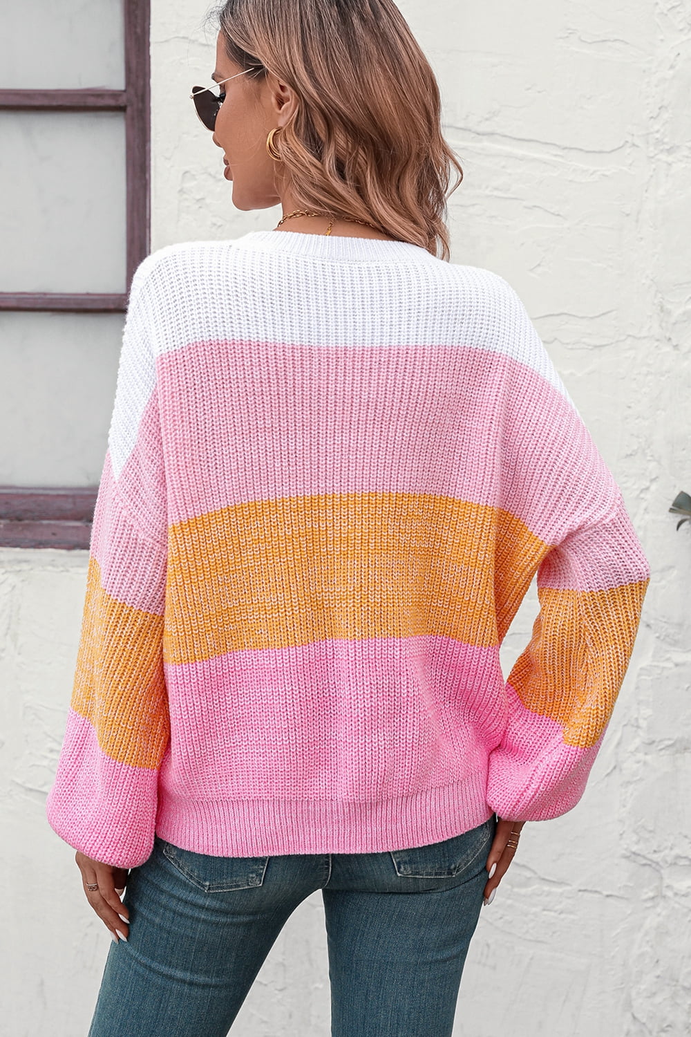 Round Neck Color Block Ribbed Pullover Sweater  Shirts & Tops- Doll Fits
