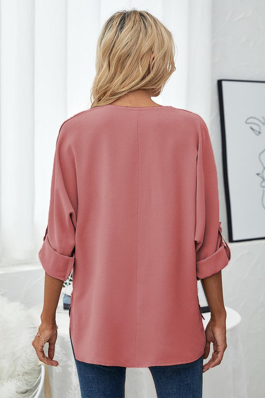 Roll-Tab Sleeve V-Neck Blouse  Shirts & Tops- Doll Fits
