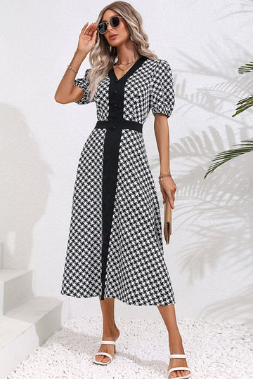 Printed Decorative Button V-Neck Slit Dress  Dresses- Doll Fits