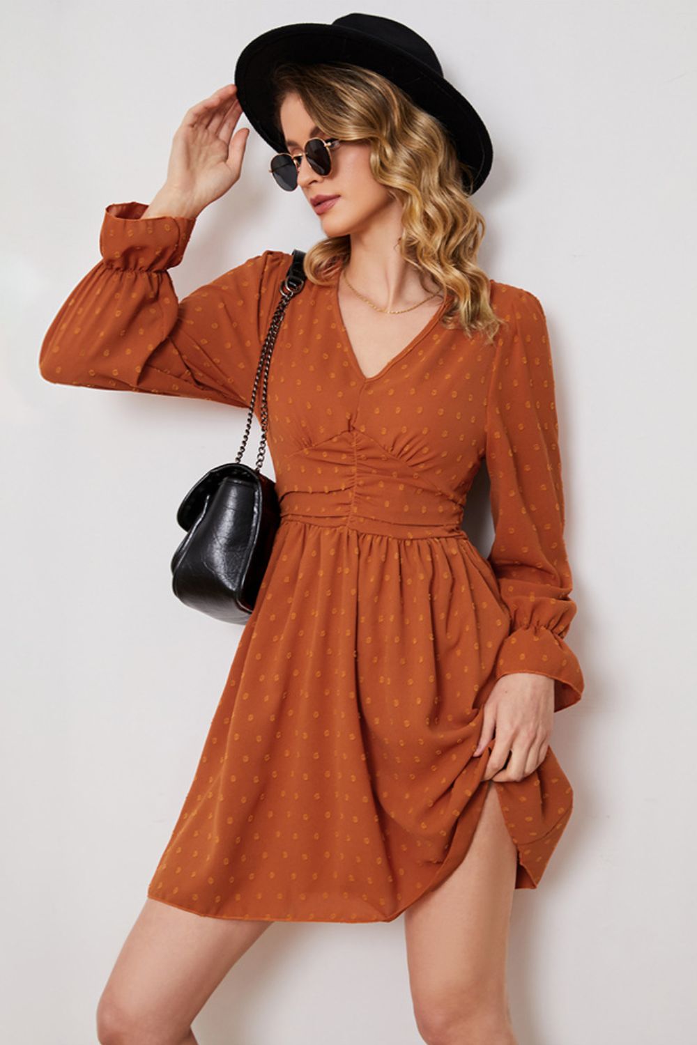 Swiss Dot Ruched V-Neck Flounce Sleeve Dress  Dresses- Doll Fits